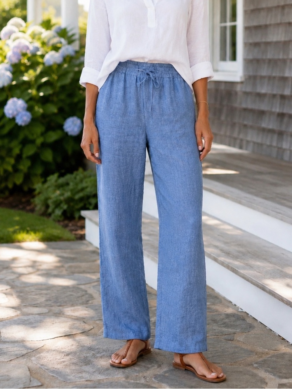 Charter Club 100% Linen Pull On Wide Leg Pants Blue Large - Picture 2 of 13